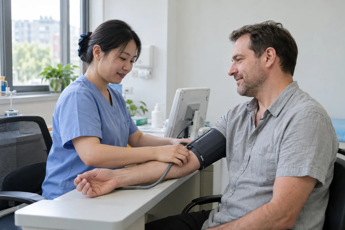 A nurse checking blood pressure during a health assessment