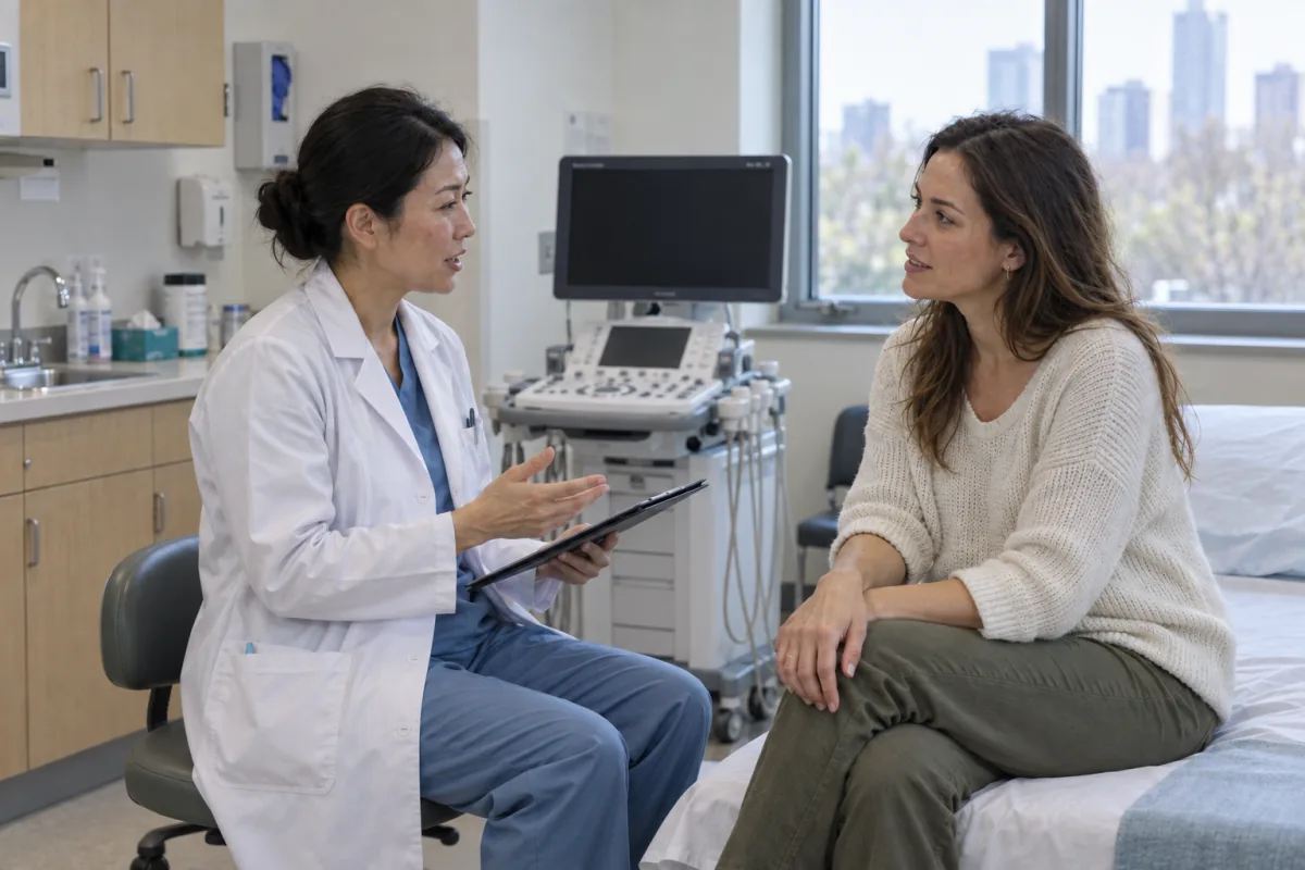 A clinician discussing a health check in an examination room