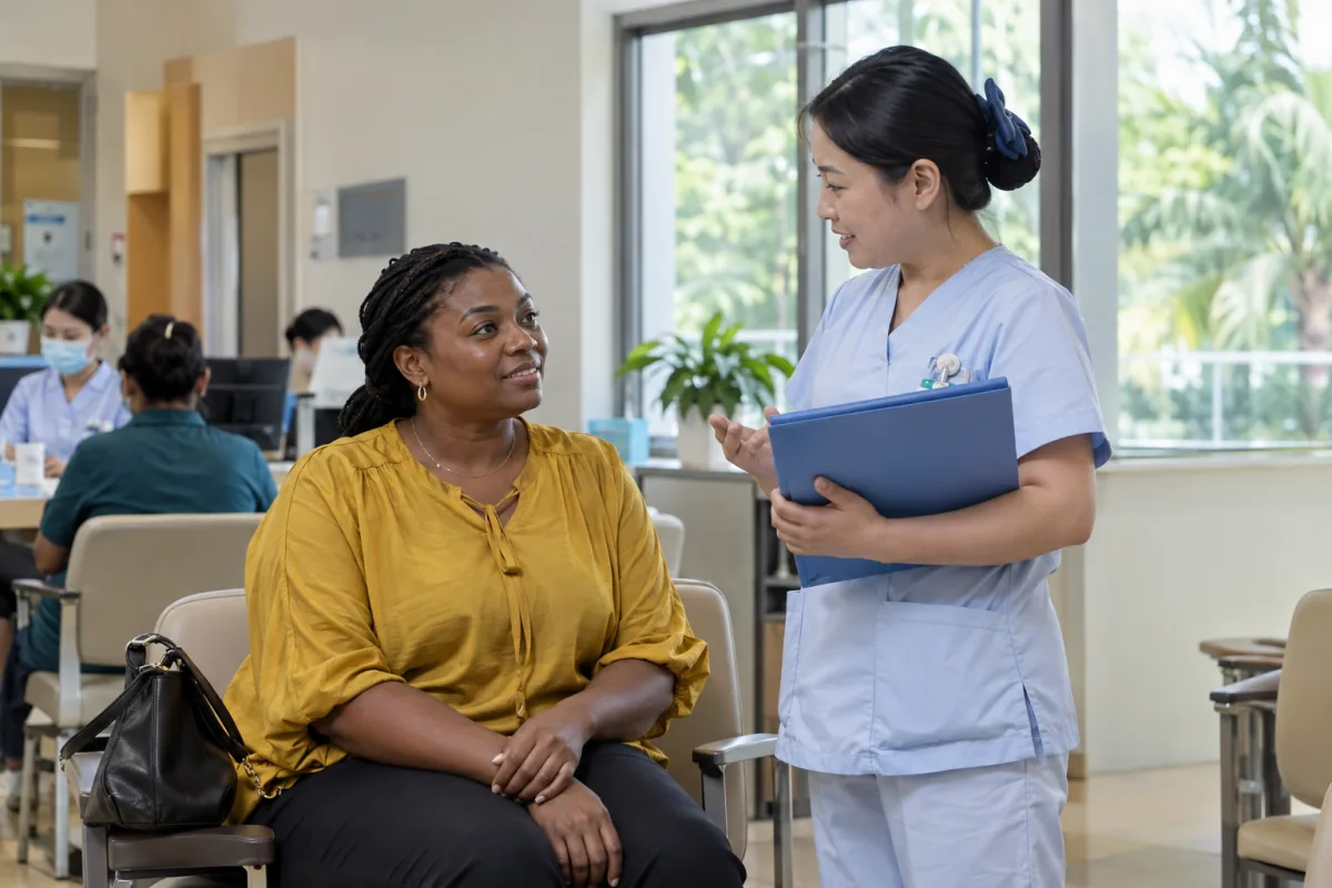 A nurse explaining the next steps of a routine health assessment