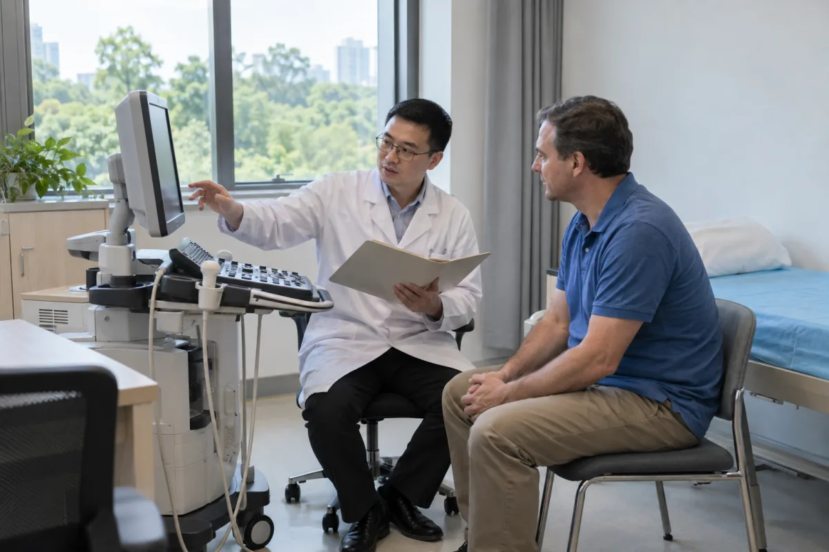 A clinician discussing cardiac ultrasound equipment with a visitor