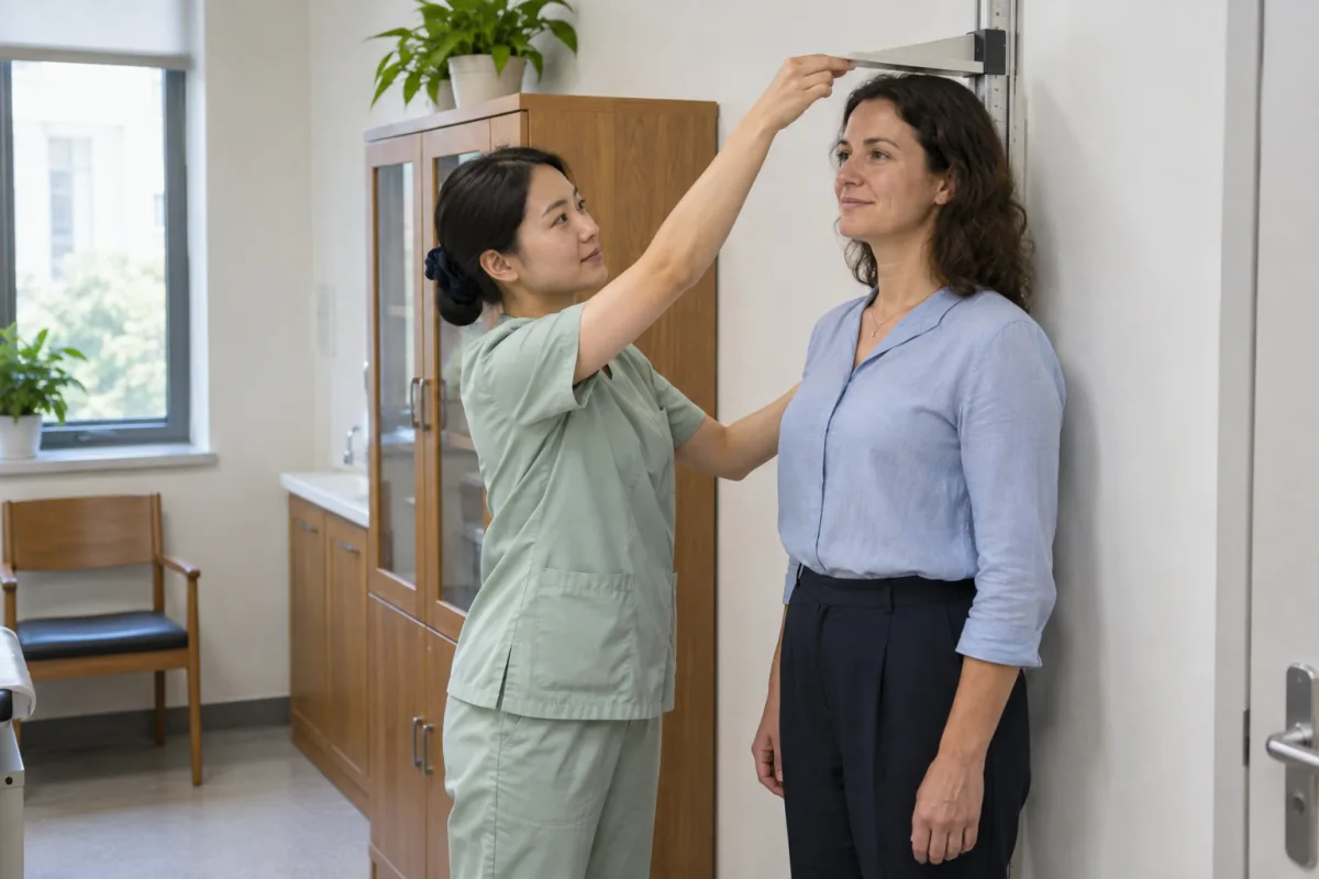 A nurse assisting with a routine height measurement