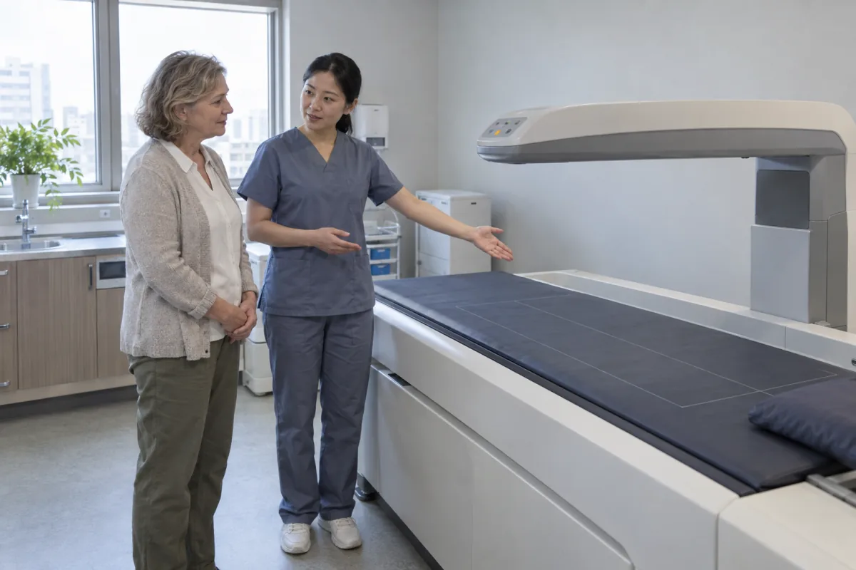 A radiographer explaining a bone density scanner before an assessment