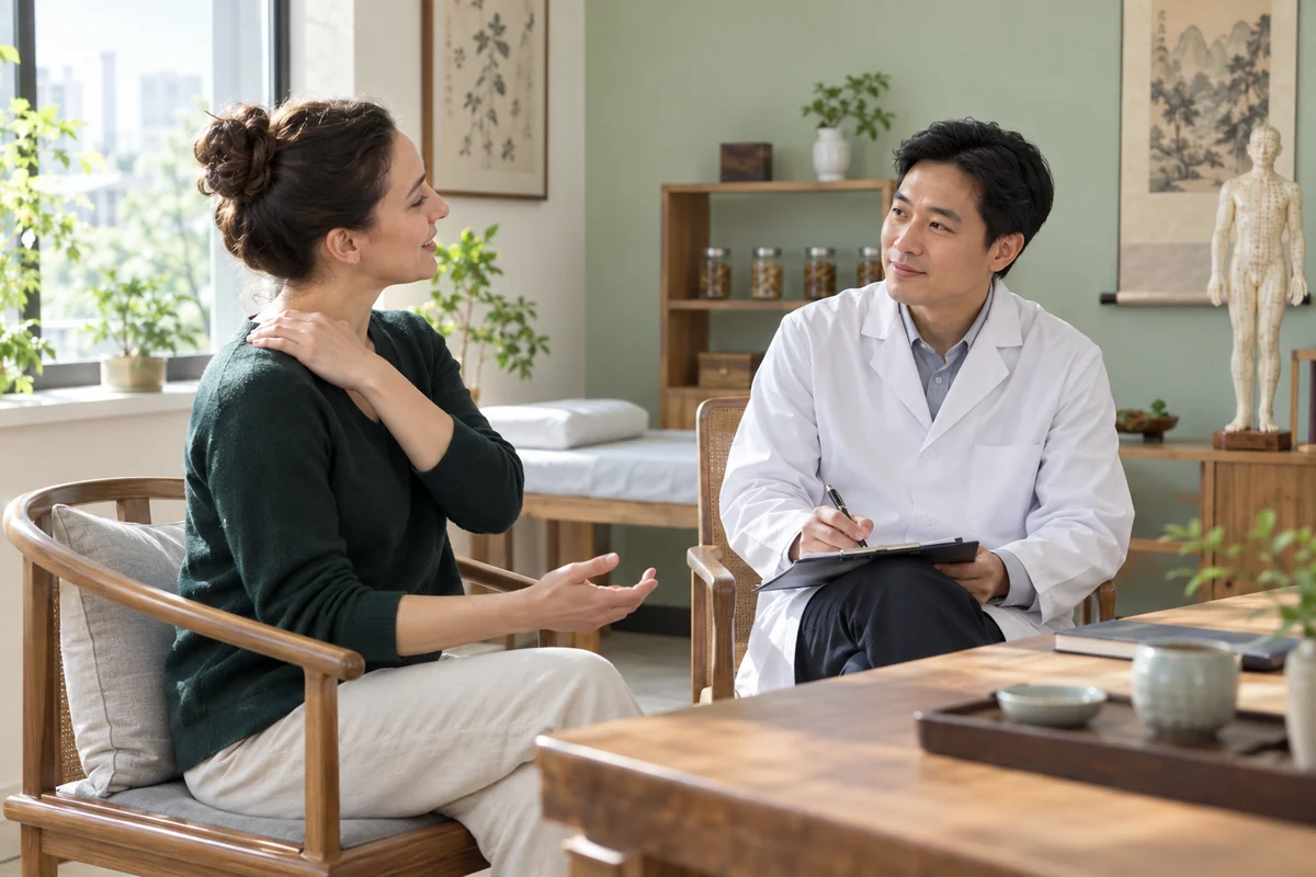 AI-generated illustration of a TCM clinician discussing shoulder discomfort with an international visitor